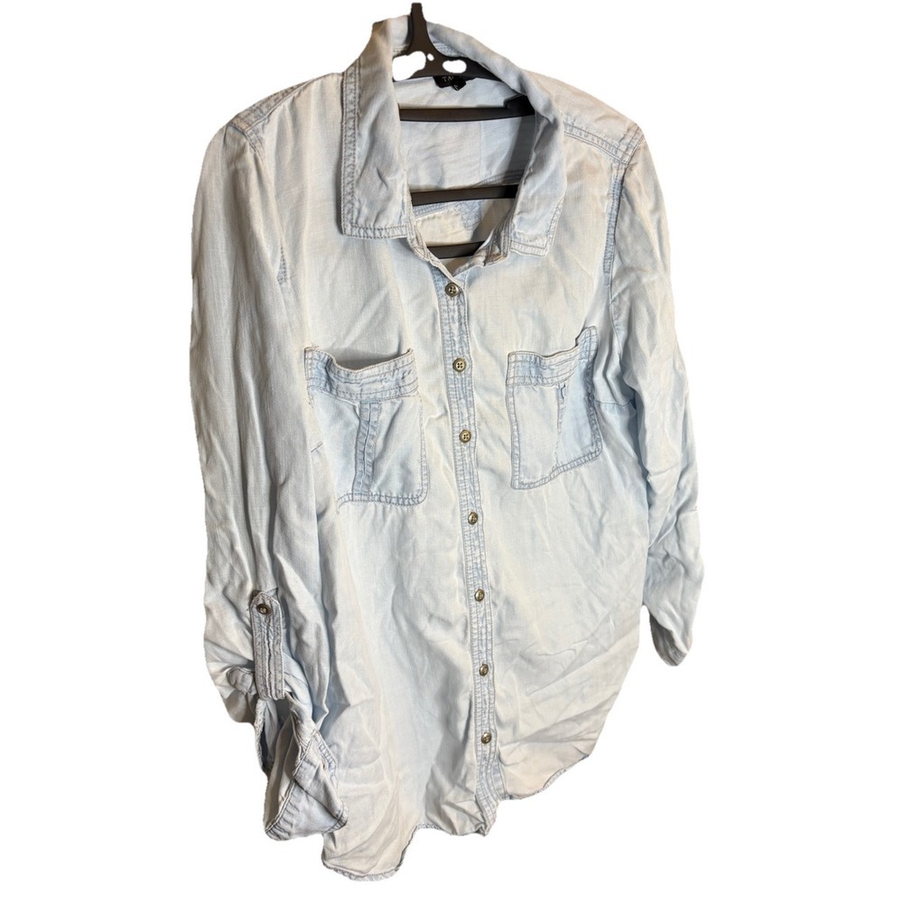 Talbots Blouse Womens Large Blue Distressed Lycell‎ Button Up Roll Tab Sleeve - Picture 2 of 9